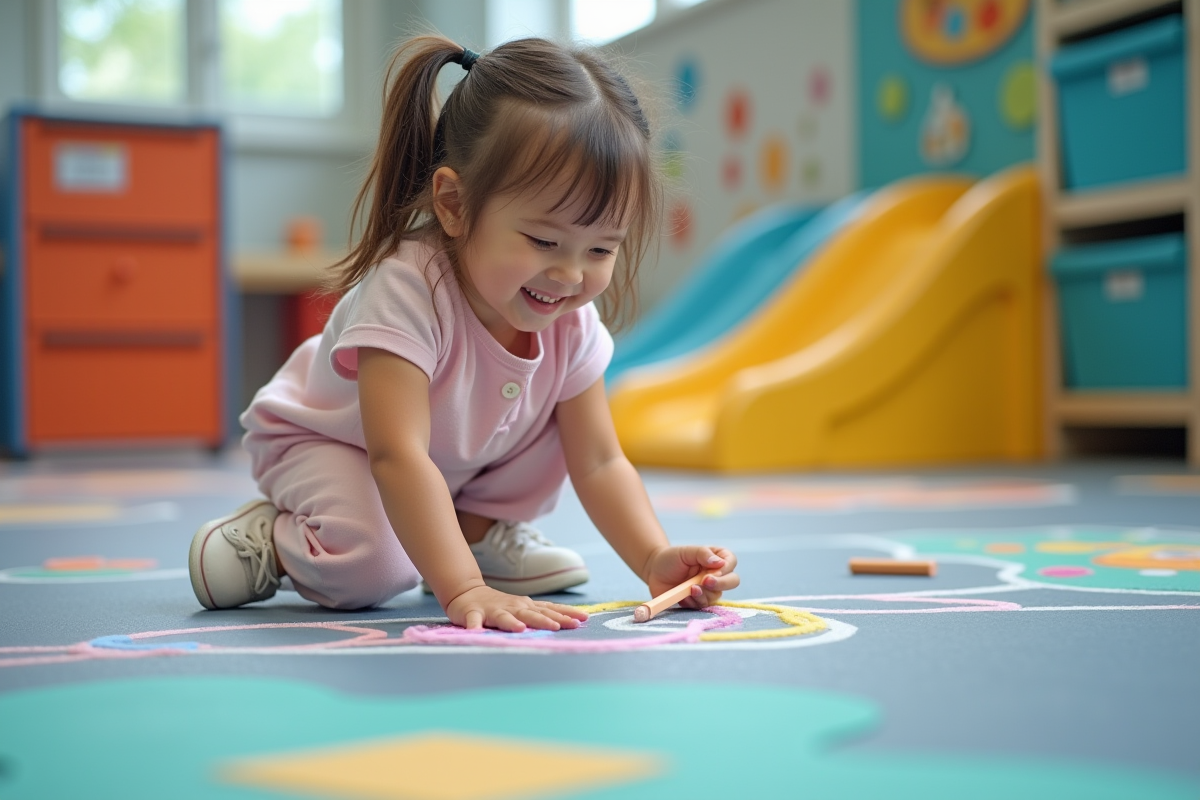 Jeune fille dessinant avec des craies sur le sol intérieur