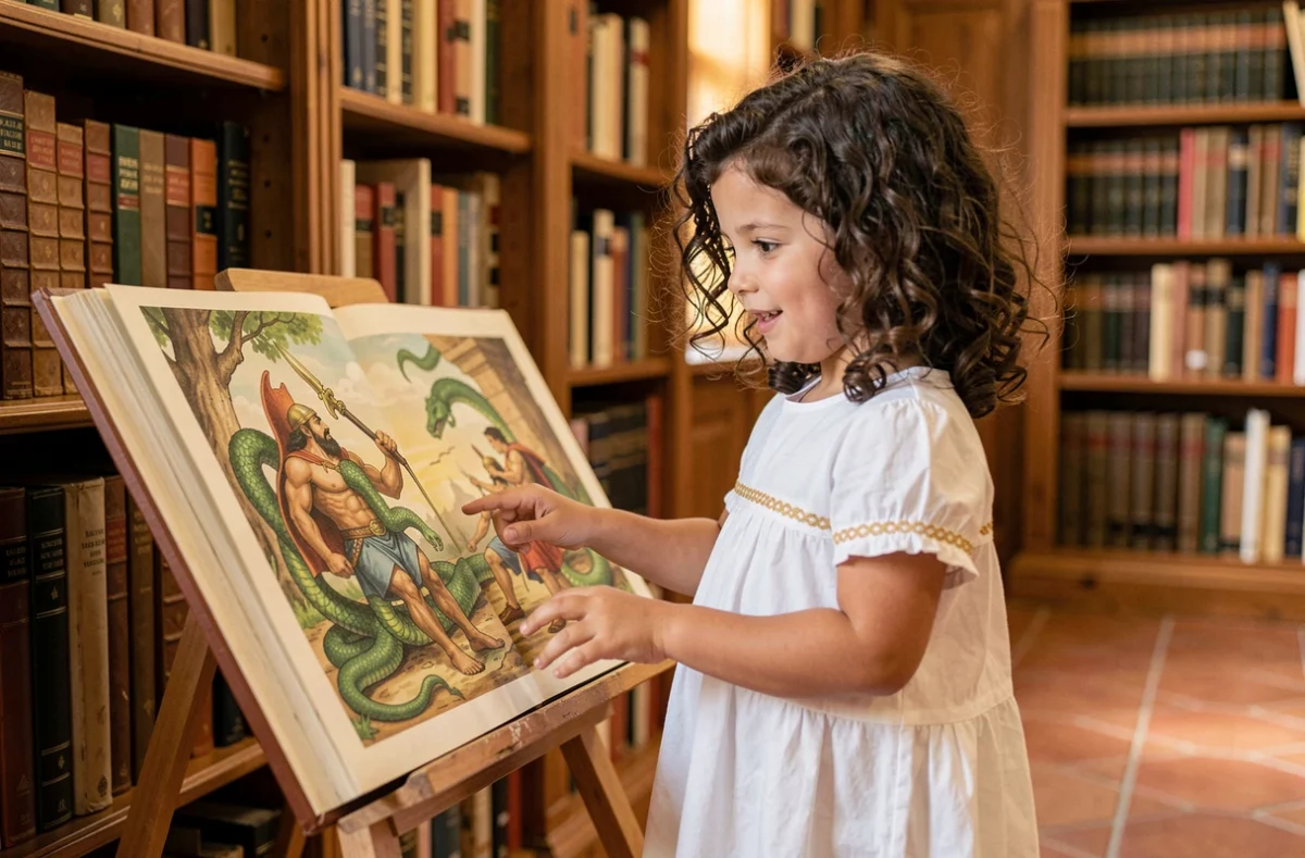 Fillette découvrant un grand livre illustré des travaux d'Hercule dans une bibliothèque chaleureuse aux airs méditerranéens