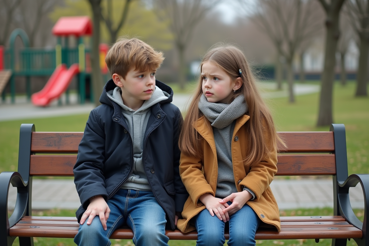Freres et soeurs assis sur un banc de parc en hiver