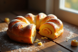 Galette des rois dorée coupée pour révéler la frangipane