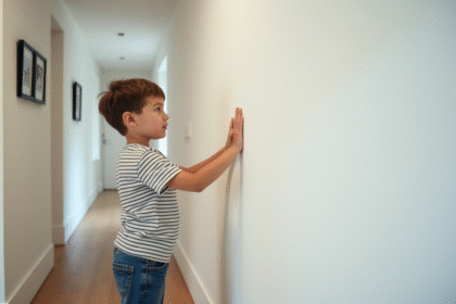Jeune garçon curieux touchant un mur blanc intérieur