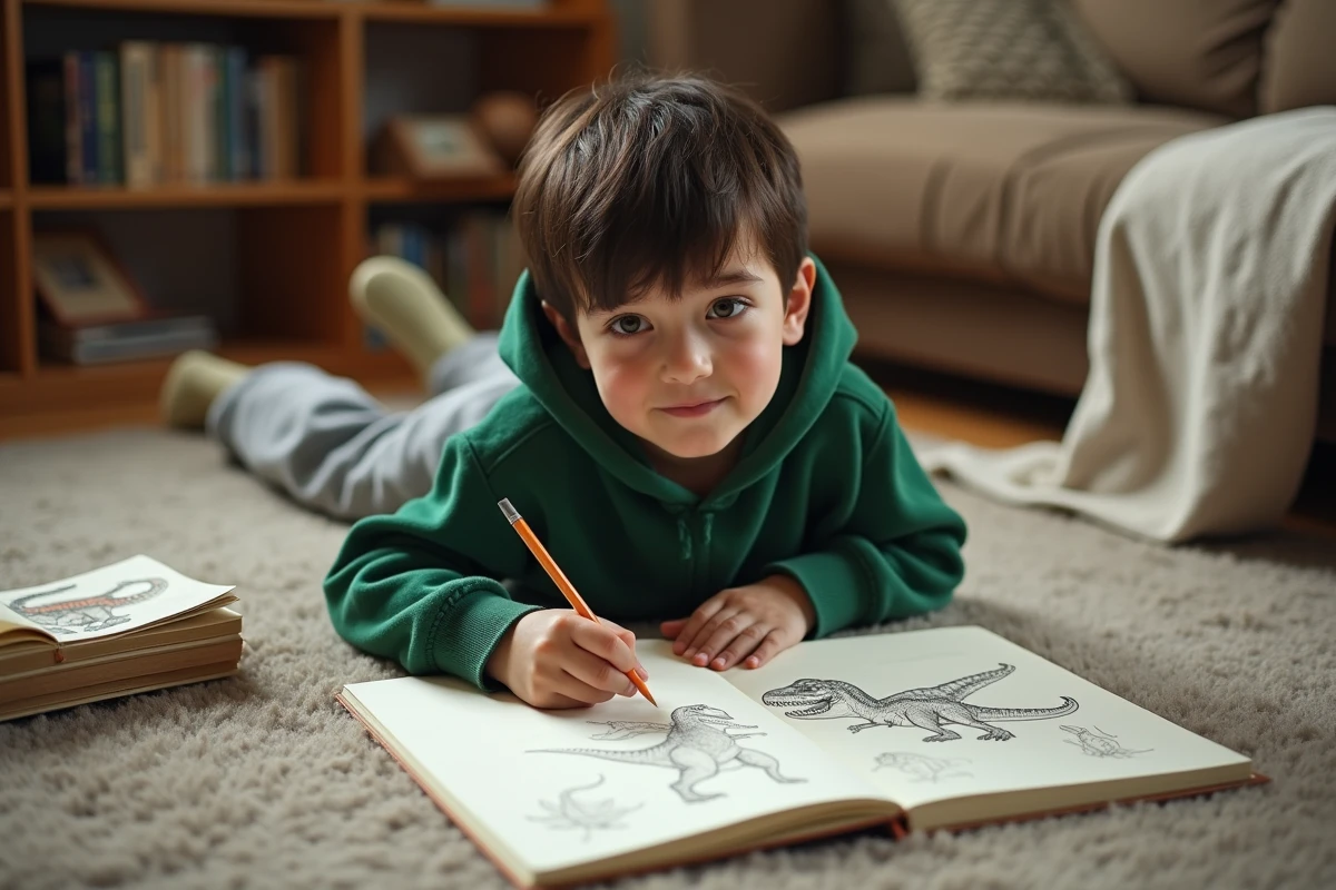 Garçon allongé sur le sol dessinant un dinosaure étape par étape dans un carnet de croquis ouvert