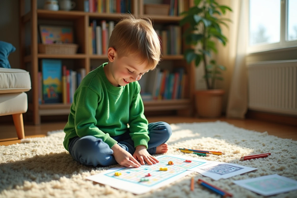 Jeune garçon joue à la bataille navale sur un tapis ensoleillé