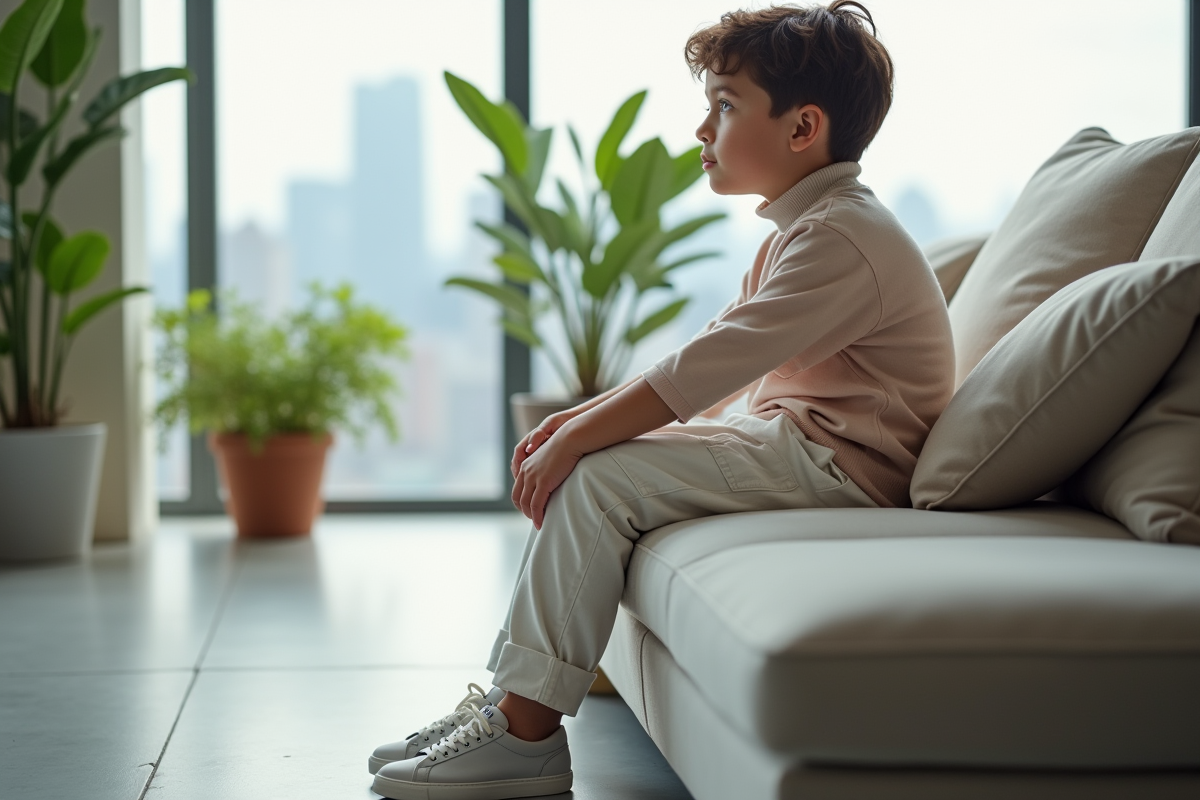 Garçon de 12 ans assis dans un loft moderne et lumineux