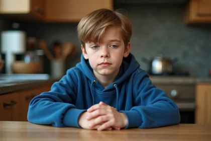 Garçon de 10 ans pensif dans une cuisine familiale