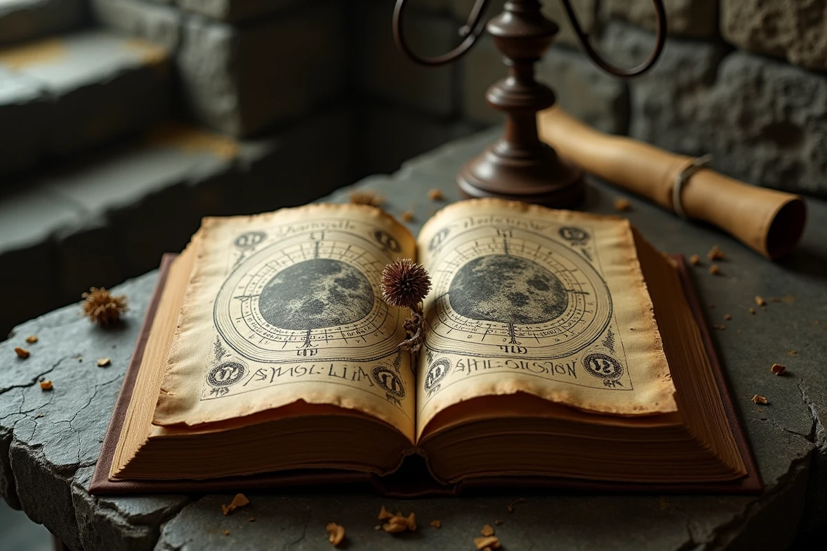 Grimoire ancien ouvert sur des diagrammes lunaires et symboles démoniaques posé sur une table en pierre