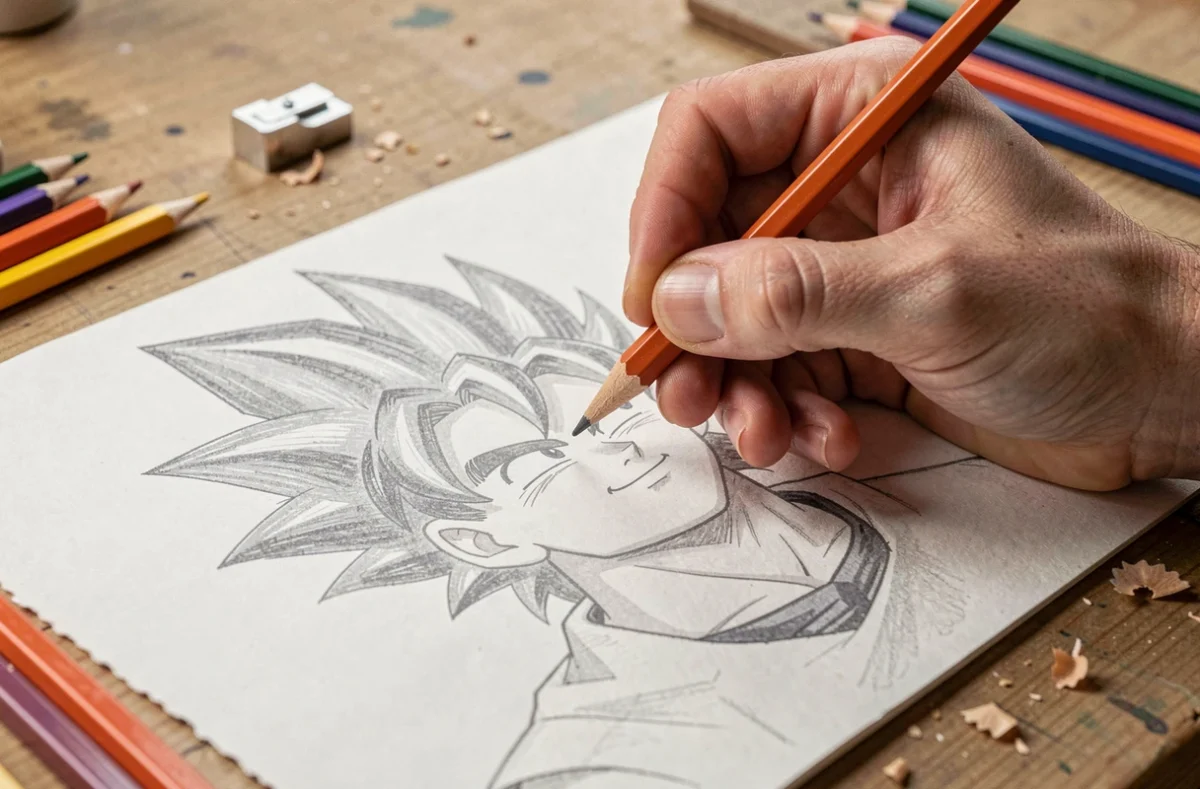 Gros plan d'une main coloriant les cheveux de Goku avec un crayon orange sur papier blanc