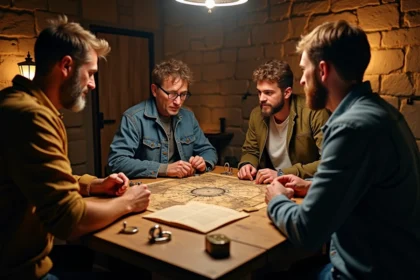 Groupe d'adultes en train de résoudre des énigmes dans une salle d'escape game à Lyon avec décor vintage et cadenas