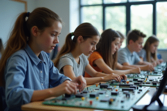 Groupe d'étudiants travaillant sur des circuits électroniques