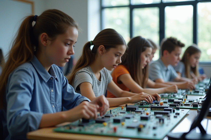Groupe d'étudiants travaillant sur des circuits électroniques