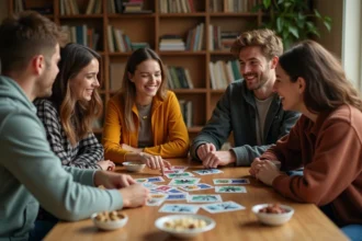 Groupe de jeunes adultes jouant au jeu de cartes palmier autour d'une table en bois dans un appartement convivial