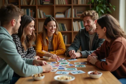 Groupe de jeunes adultes jouant au jeu de cartes palmier autour d'une table en bois dans un appartement convivial
