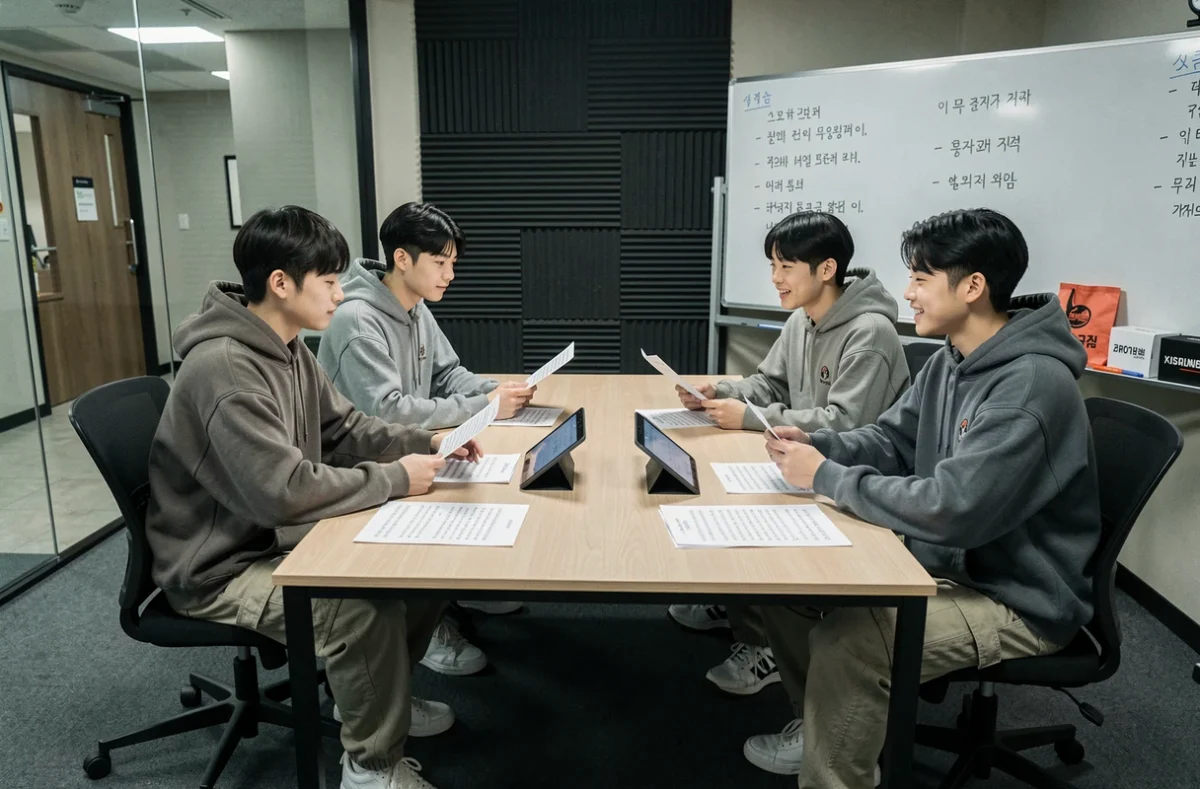 Groupe de jeunes trainees coréens en réunion de travail dans une agence de K-pop, étudiant des partitions vocales et discutant de leur formation artistique