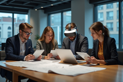 Groupe de quatre adultes collaborant avec table et outils modernes