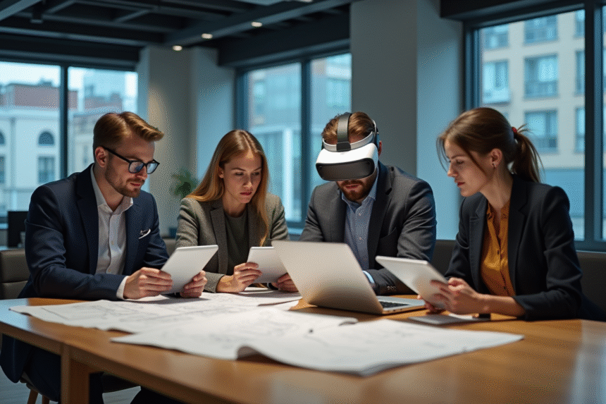 Groupe de quatre adultes collaborant avec table et outils modernes