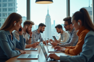 Groupe diversifié au bureau avec écouteurs sans fil