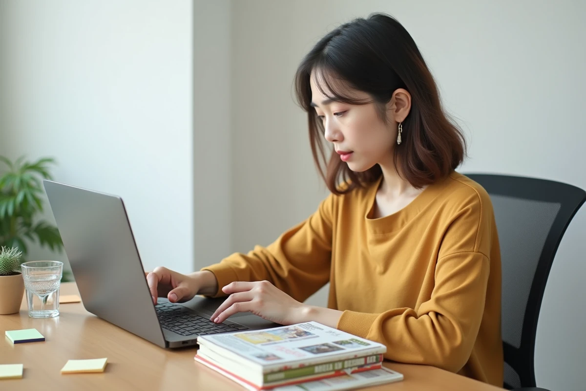 Femme consultant un guide de lecture en ligne pour suivre la série Epsilon BL dans l'ordre, avec une pile de volumes manga posée à côté de son ordinateur