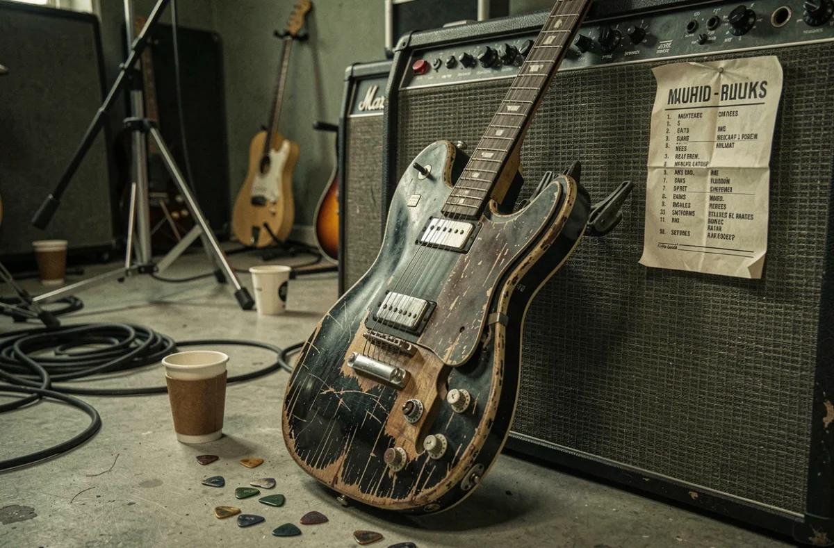 Guitare électrique usée appuyée contre un ampli Marshall dans une salle de répétition style grunge années 90