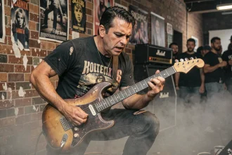 Guitariste style grunge jouant sur scène dans un club underground, hommage à l'esthétique Nirvana et Pat Smear