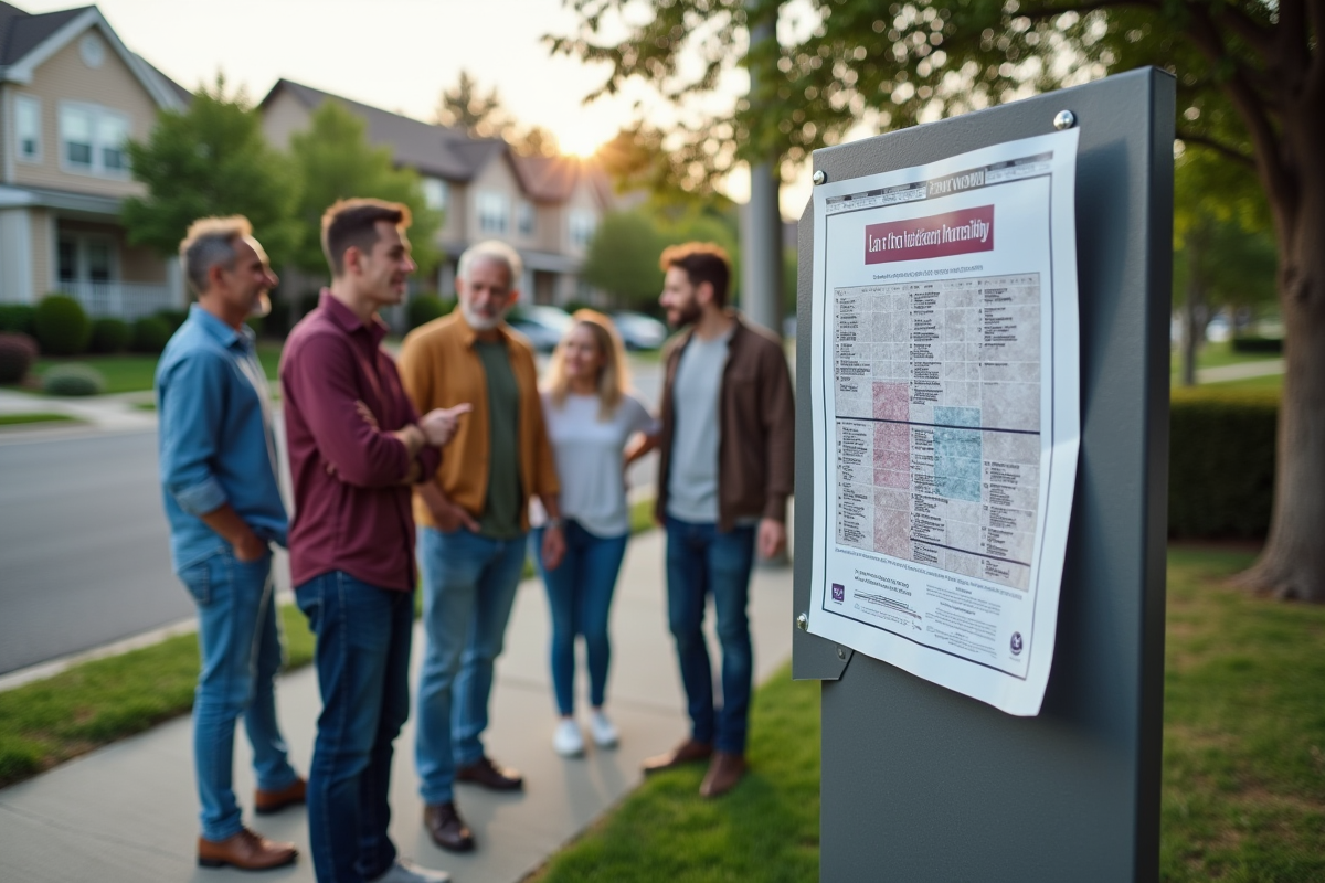 Habitants regardant une affiche de zonage dans la rue