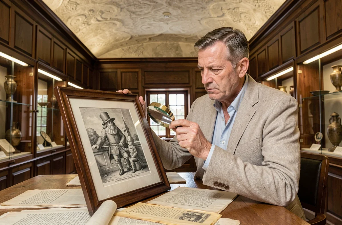 Historien examinant des archives et gravures anciennes sur le Manneken-Pis dans une salle de recherche d'un musée bruxellois