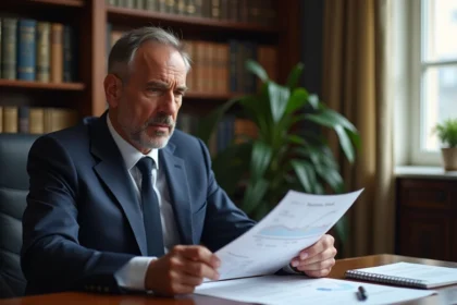 Homme d'affaires français en costume bleu examinant des documents