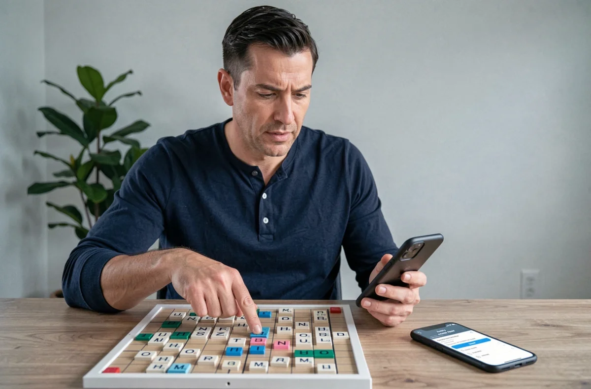 Homme utilisant une application smartphone comme aide au Scrabble pour jouer plus vite devant un plateau de jeu