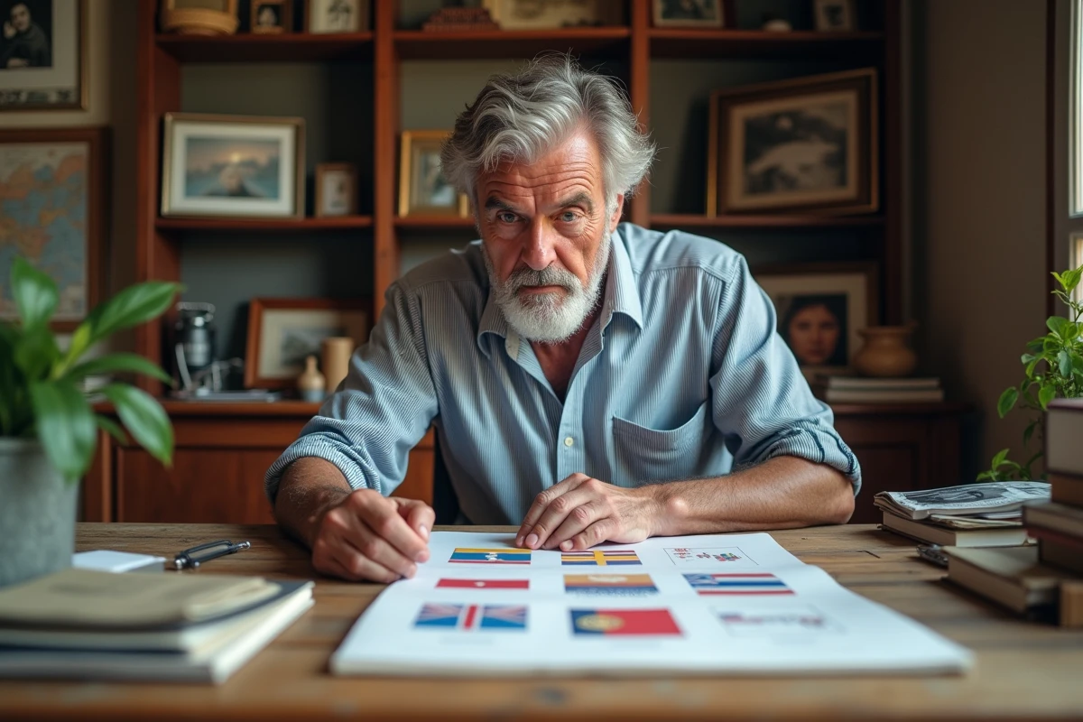 Homme breton étudie drapeaux dans son bureau