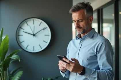 Homme d affaires vérifiant l heure sur son smartphone dans un bureau moderne