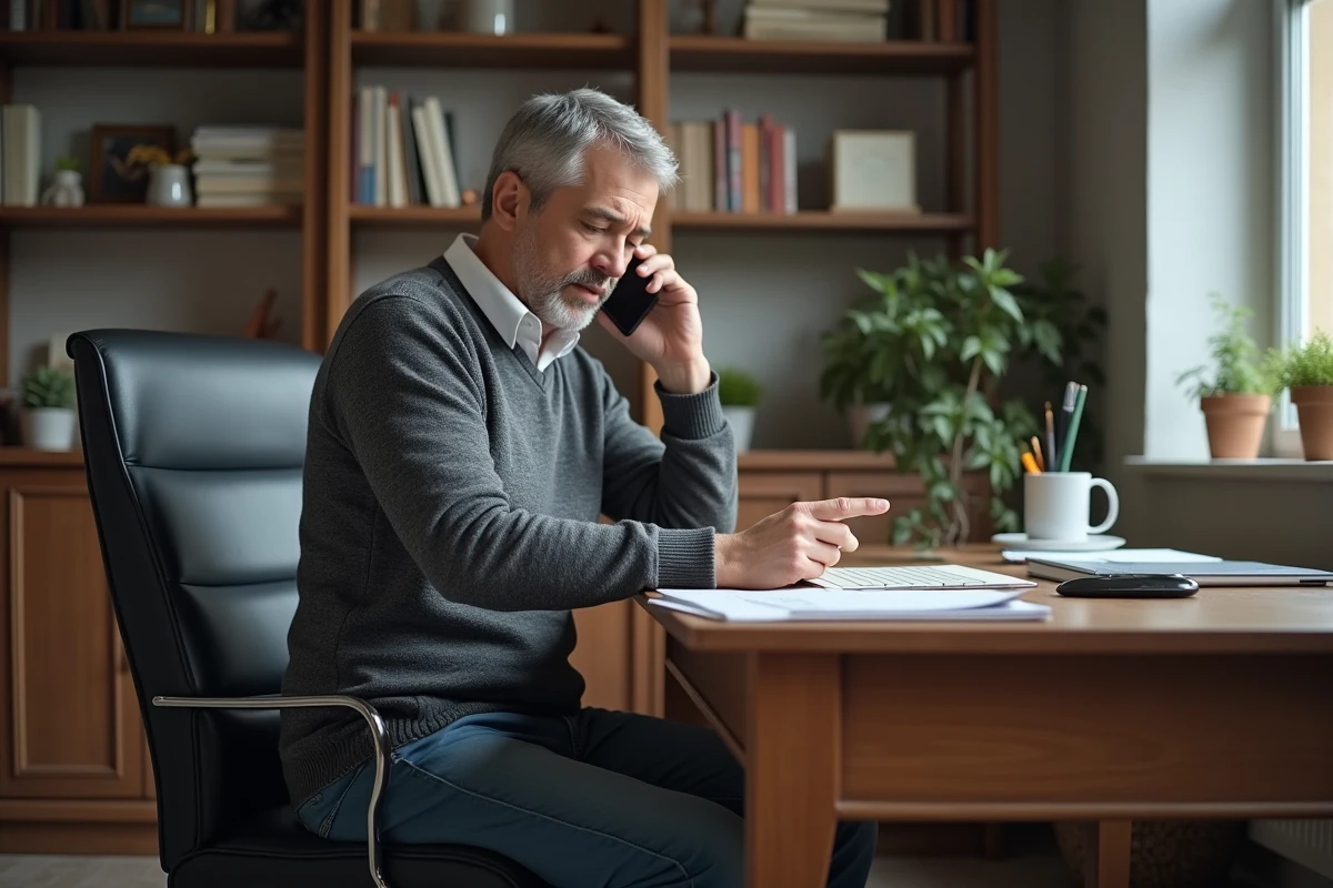Homme d age au bureau avec smartphone frustré