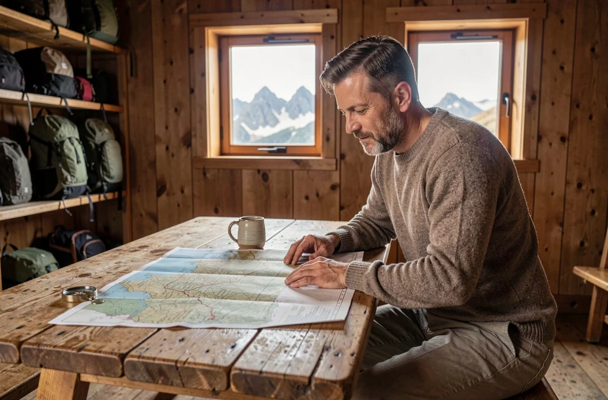 Homme étudiant une carte des massifs pyrénéens à l'intérieur d'un refuge de montagne rustique
