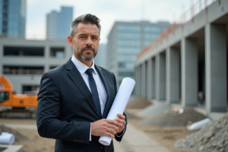 Homme professionnel en costume sur un chantier de construction