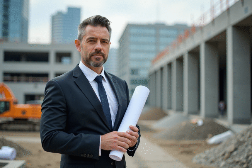 Homme professionnel en costume sur un chantier de construction