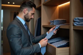 Homme en costume choisissant une cravate dans un dressing moderne