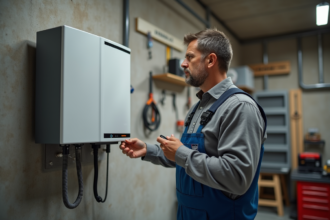 Homme en overalls examinant une batterie domestique dans un garage