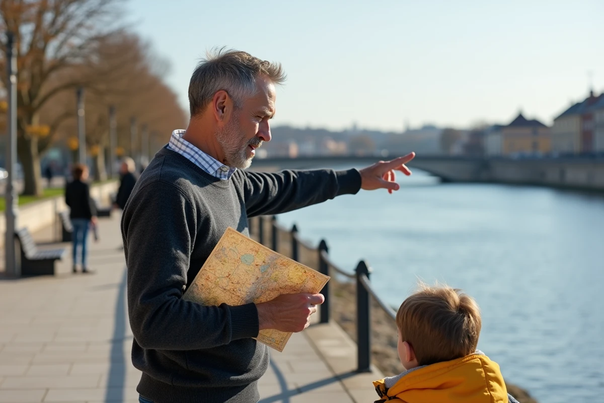 Homme et enfant pointant vers la Garonne en ville