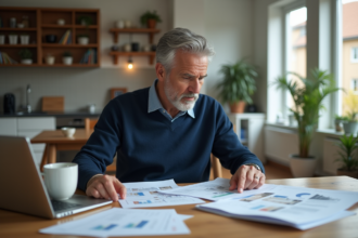 Homme d'âge moyen examinant des estimations immobilières dans un intérieur lumineux