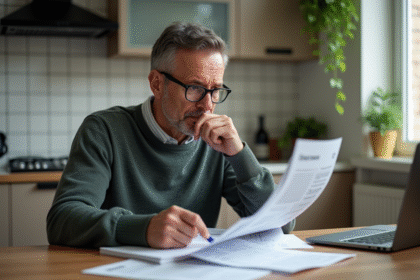 Homme d'âge moyen examinant ses documents financiers à la maison