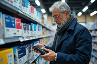 Homme français examinant des cartouches en supermarche