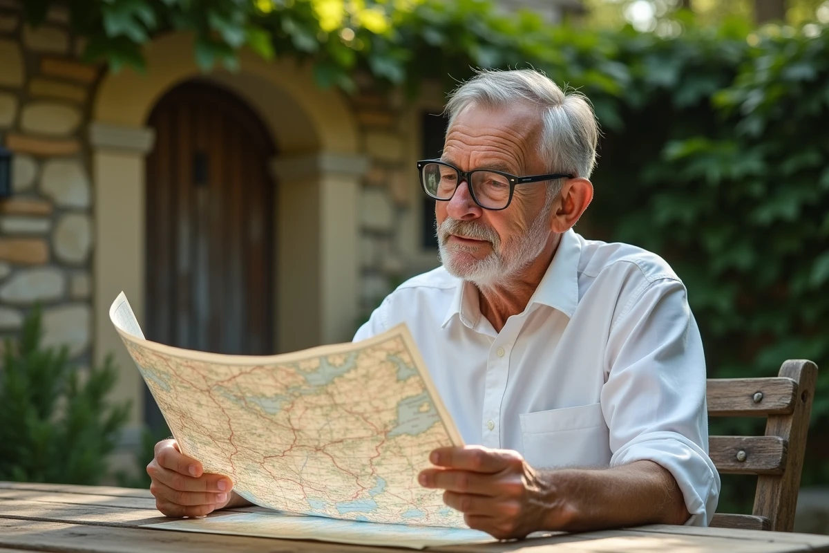 Homme âgé examinant une carte de France en extérieur