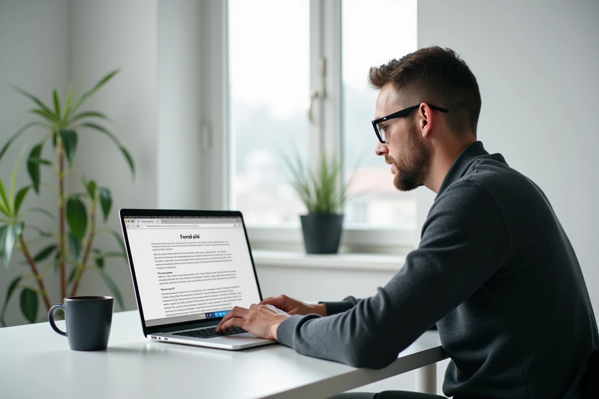 Homme utilisant un générateur de lettre en ligne sur son ordinateur portable au bureau