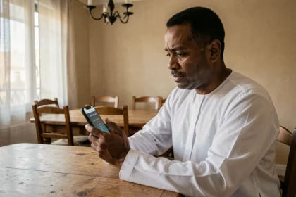 Homme consultant les horaires de prière de Livry-Gargan sur son smartphone à la maison