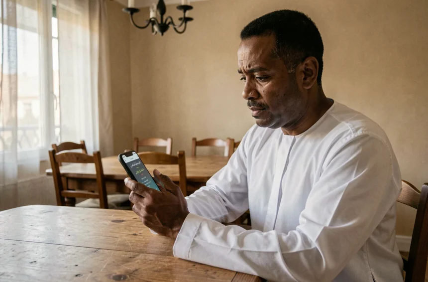 Homme consultant les horaires de prière de Livry-Gargan sur son smartphone à la maison