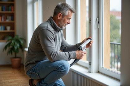 Homme en jeans utilisant un pistolet à calfeutrer près d'une fenêtre