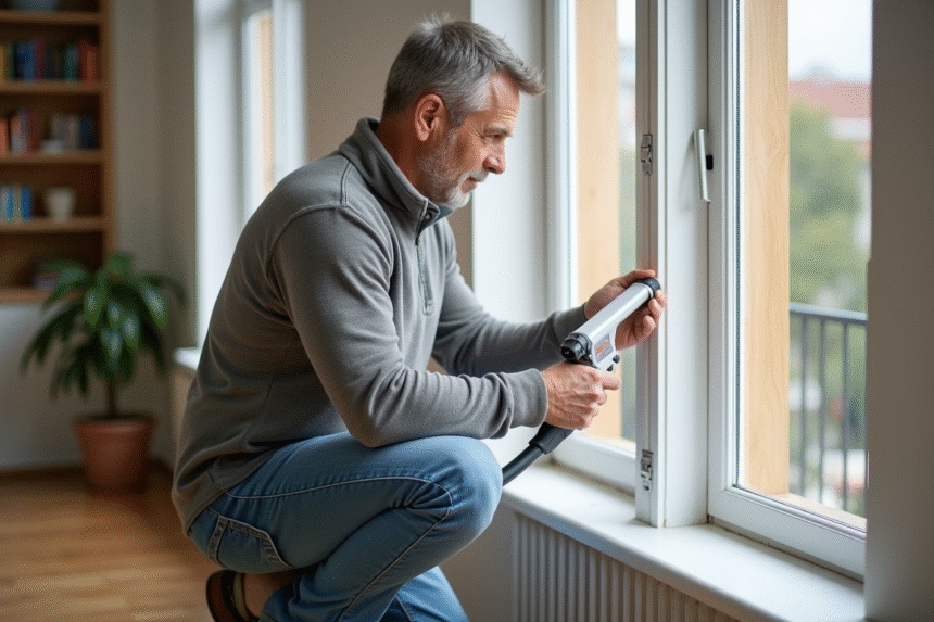 Homme en jeans utilisant un pistolet à calfeutrer près d'une fenêtre