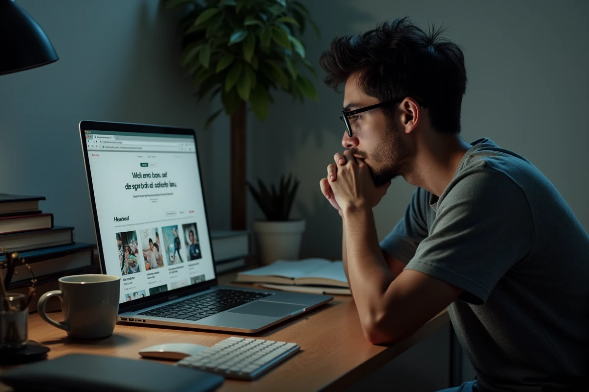 Homme lisant des scans manga en VF sur un site web depuis son bureau à domicile avec des volumes manga empilés à côté