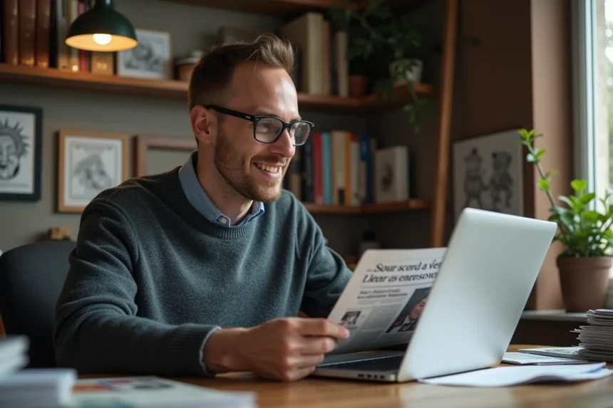 Homme lisant un journal satirique dans un bureau cosy
