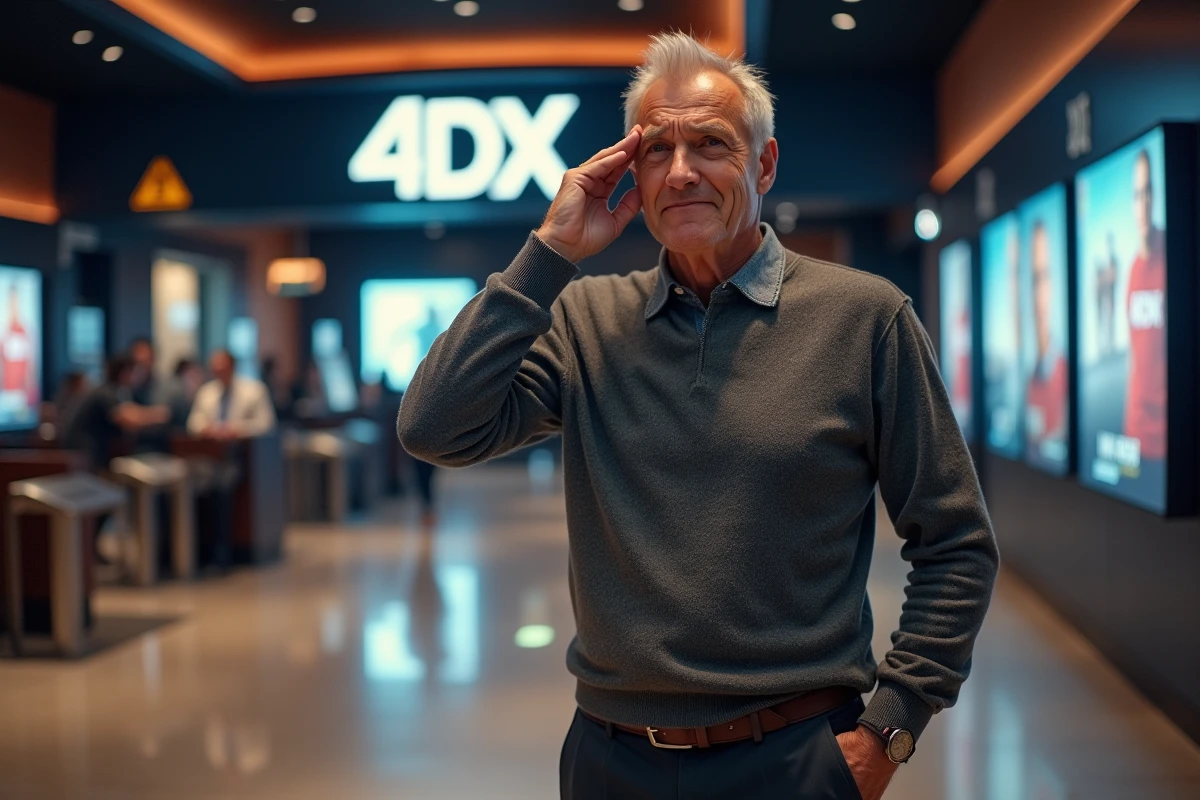 Homme tenant sa tempe avec une expression de migraine devant un panneau promotionnel 4DX dans un hall de cinéma