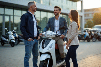 Homme d'âge moyen avec moto 50cc devant concession