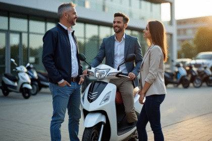 Homme d'âge moyen avec moto 50cc devant concession